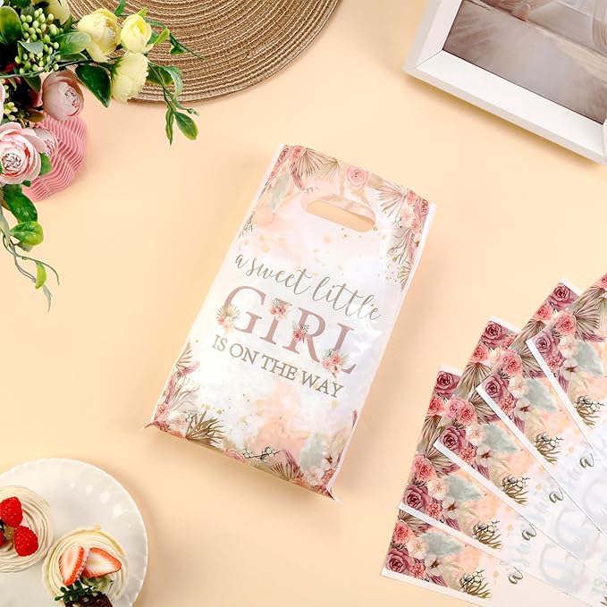 Serencatcher 50Pcs Boho Pampas Grass Baby Shower Party Favor Bags, Pampas Grass A Sweet Little Girl Is On The Way Gift Bags with Handles Plastic Treats Goodie Bag for It's a Girl Baby Shower Decorations Party Supplies