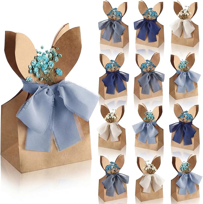 Affrolling 24 Set Boho Bow Easter Bunny Party Favor Bags DIY Bunny Gift Boxes with Neutral Bow Ribbon and Dried Flowers Rustic Paper Rabbit Ears Treat Bags Bulk for Easter Spring (Dirty Blue)
