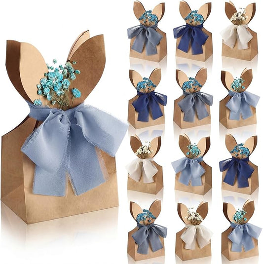 Affrolling 24 Set Boho Bow Easter Bunny Party Favor Bags DIY Bunny Gift Boxes with Neutral Bow Ribbon and Dried Flowers Rustic Paper Rabbit Ears Treat Bags Bulk for Easter Spring (Dirty Blue)