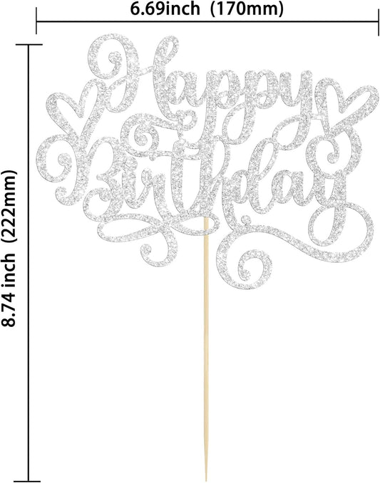 Gyufise 1Pcs Happy Birthday Cake Topper Glitter Cake Pick for Celebrating Anniversary Party Cake Decorations Supplies Silver