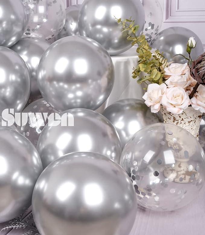 SUWEN Silver Metallic Balloons and Confetti Balloons Set 47PCS Latex Helium Chrome Silver Balloon for Birthday Graduation Anniversary Party Decorations