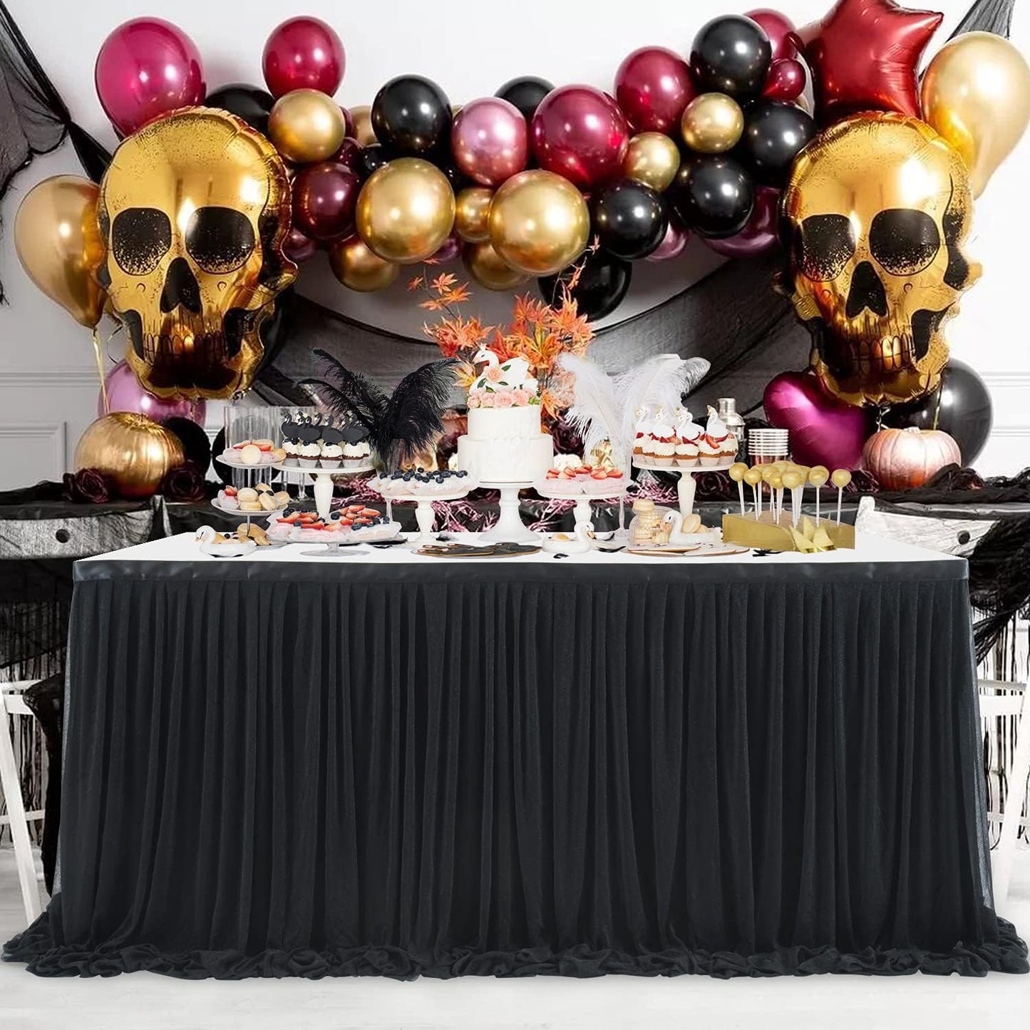 6ft Black Table Skirt for Birthday Party Ruffle Tutu Table Skirt Tulle Tablecloth for Graduation Baby Shower Wedding Black Gold Theme Party Dessert Buffet Banquet Decorations