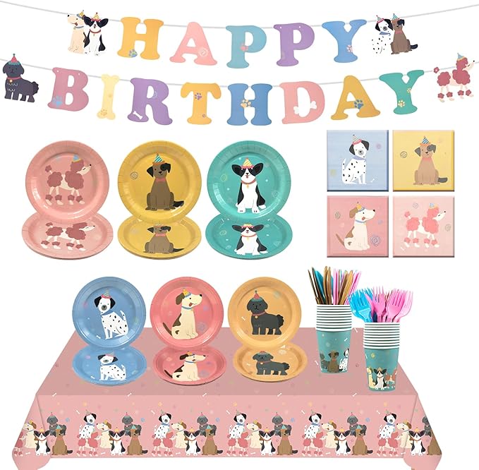 182Pcs Pet Dog Birthday Party Decorations,Retro Puppy Themed Paper Plates Napkins Disposable Pet Dog Tableware Supplies Serve 30 Guests,for Baby Shower Kids Birthday Party Favor