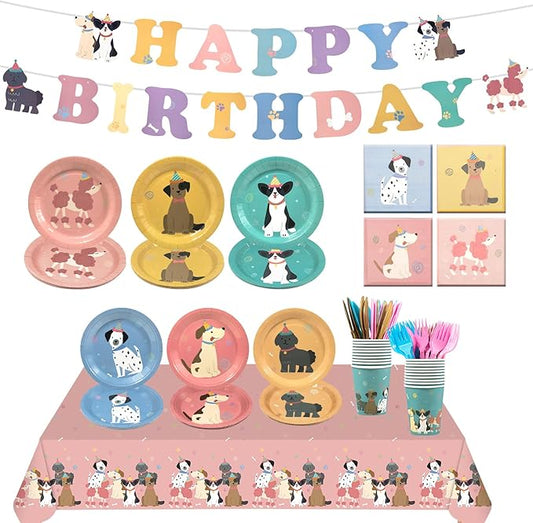 182Pcs Pet Dog Birthday Party Decorations,Retro Puppy Themed Paper Plates Napkins Disposable Pet Dog Tableware Supplies Serve 30 Guests,for Baby Shower Kids Birthday Party Favor