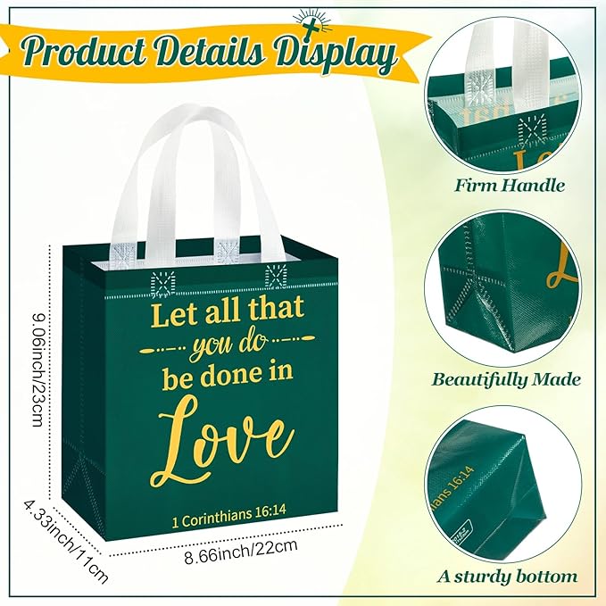 HunnmingRe 64 Pcs Christian Gift Bags Bulk, Easter Reusable Religious Bible Verse Tote with Handles Non Woven Scripture Pastor Blessing Gift for Baptism Church Wedding Favors