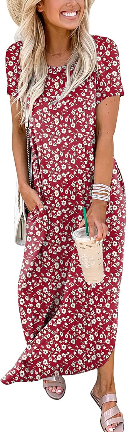 ANRABESS Womens Summer Maxi Dress Short Sleeve Casual Loose Long T Shirt Dresses Split Vacation Beach Sundress Travel Outfits