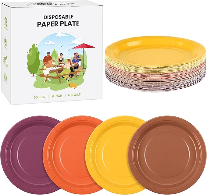 Kochorie 60 Pieces Disposable Paper Plates 9 Inch Heavy Duty Dinner Plates, Solid Color, Thanksgiving Table Decorations Party Supplies for Birthdays, Weddings, Daily Use