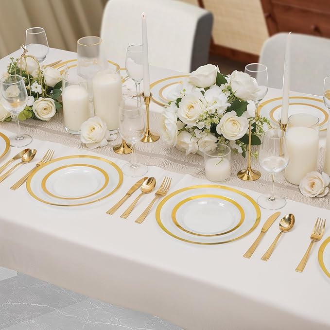 supernal 120pcs Clear and Gold Plastic Plates Disposable Fancy Plates Heavy Duty Gold Plastic Dinneware Include Dinner and Dessert Perfect for Party Wedding and Birthday