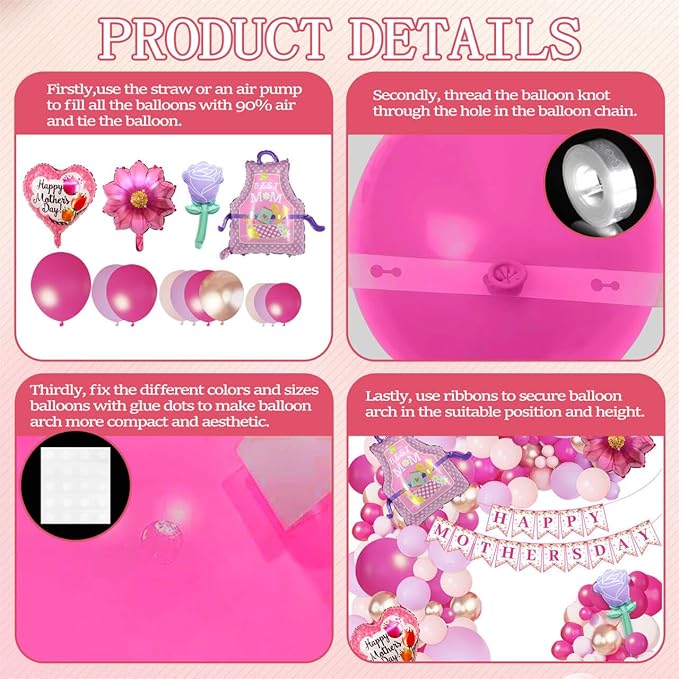 112PCS Mother's Day Balloons Arch Garland Kit Mothers Day Decorations Foil Mothers Day Balloon Flower Best Mom Balloon Latex Hot Pink Rose Gold Pink Balloons Happy Mother's Day Banner Birthday Decor
