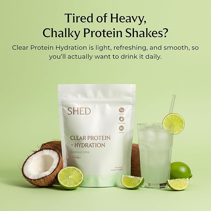 Clear Protein Powder with Electrolytes by Shed, 15g Whey Protein Isolate, Low Calorie and Lactose Free, Light and Clean Hydration Drink, Bloat-Free Post Workout Supplement, Coconut Lime (15 Servings)