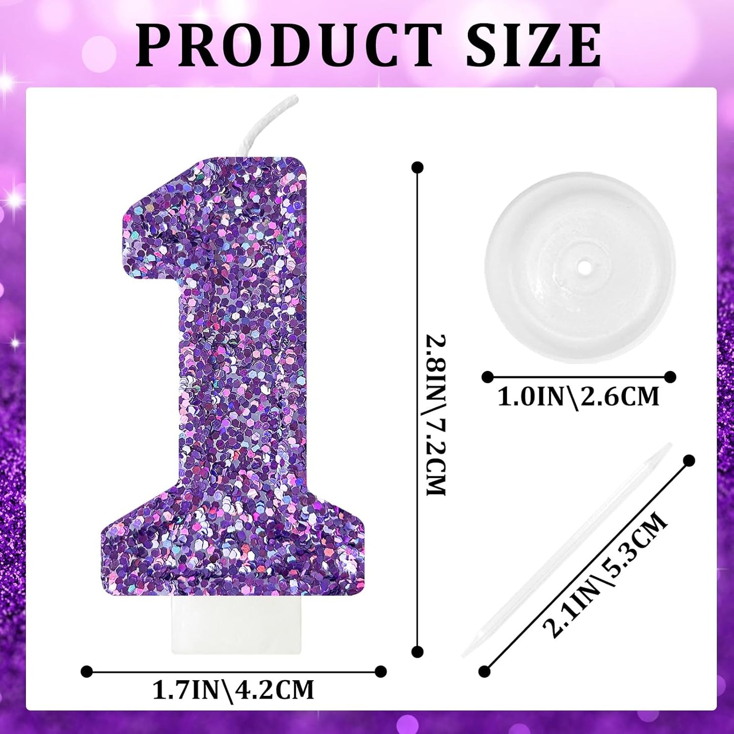 Birthday Number Candles, Glitter Number Candle Cake Decorations with Sequins, Cupcake Decorations for Girls, Women, Party Anniversary Celebrations (Number 1, Purple)