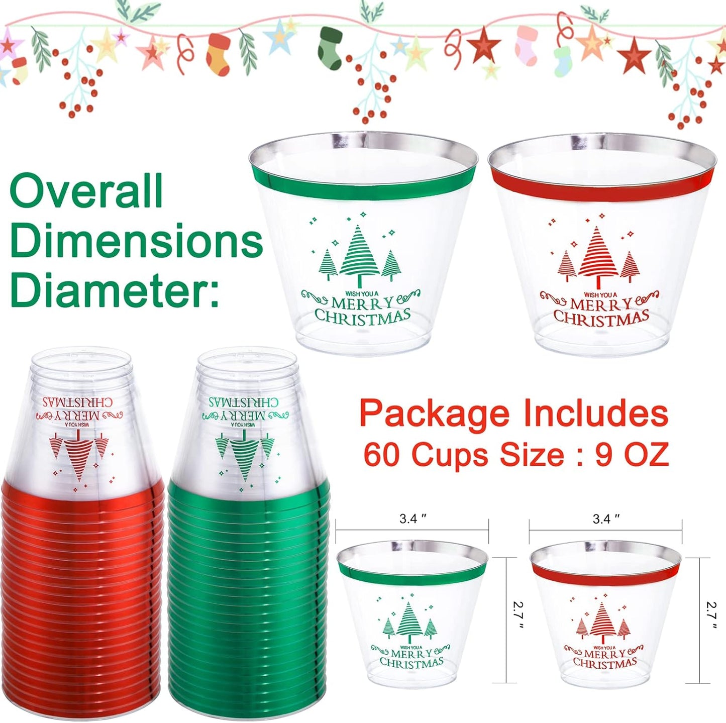 LUODA 9OZ 2024 New Merry Christmas Party Cups(60 Pack),Christmas Disposable Decoration Cups Including:30 Red Christmas Tree Plastic Cups & 30 Green Christmas Tree Plastic Cups