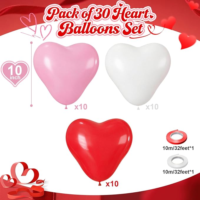 Heart Balloons Latex Red Pink White Heart Shaped Balloons Romantic Valentines Day Balloon Set for Proposal Engagement Wedding Galentines Bridal Shower Mothers Birthday Party Decorations 10 Inch