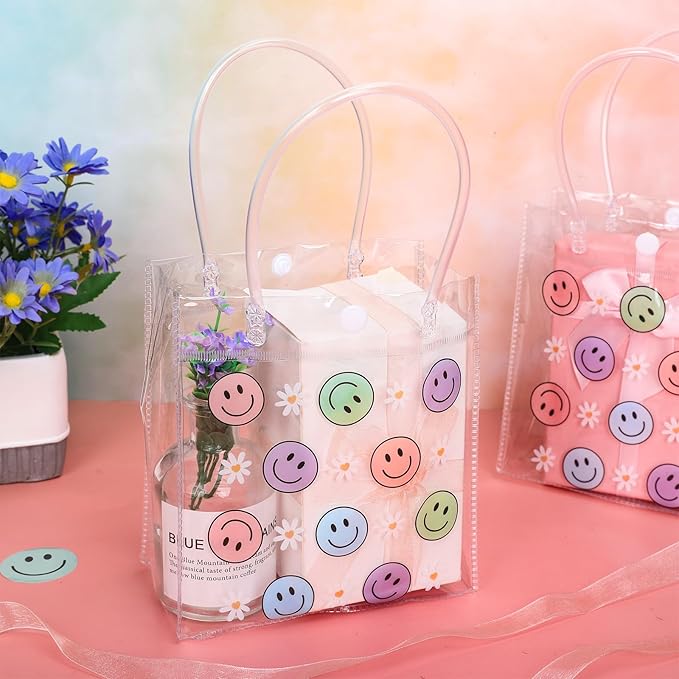 FYSUIMU 12 Pcs Boho Smile Face Clear PVC Gift Bags Colored Happy Face Daisy Flower Party Favor Bags with Handle Preppy Treat Tote Bag for Birthday Baby Shower Holiday