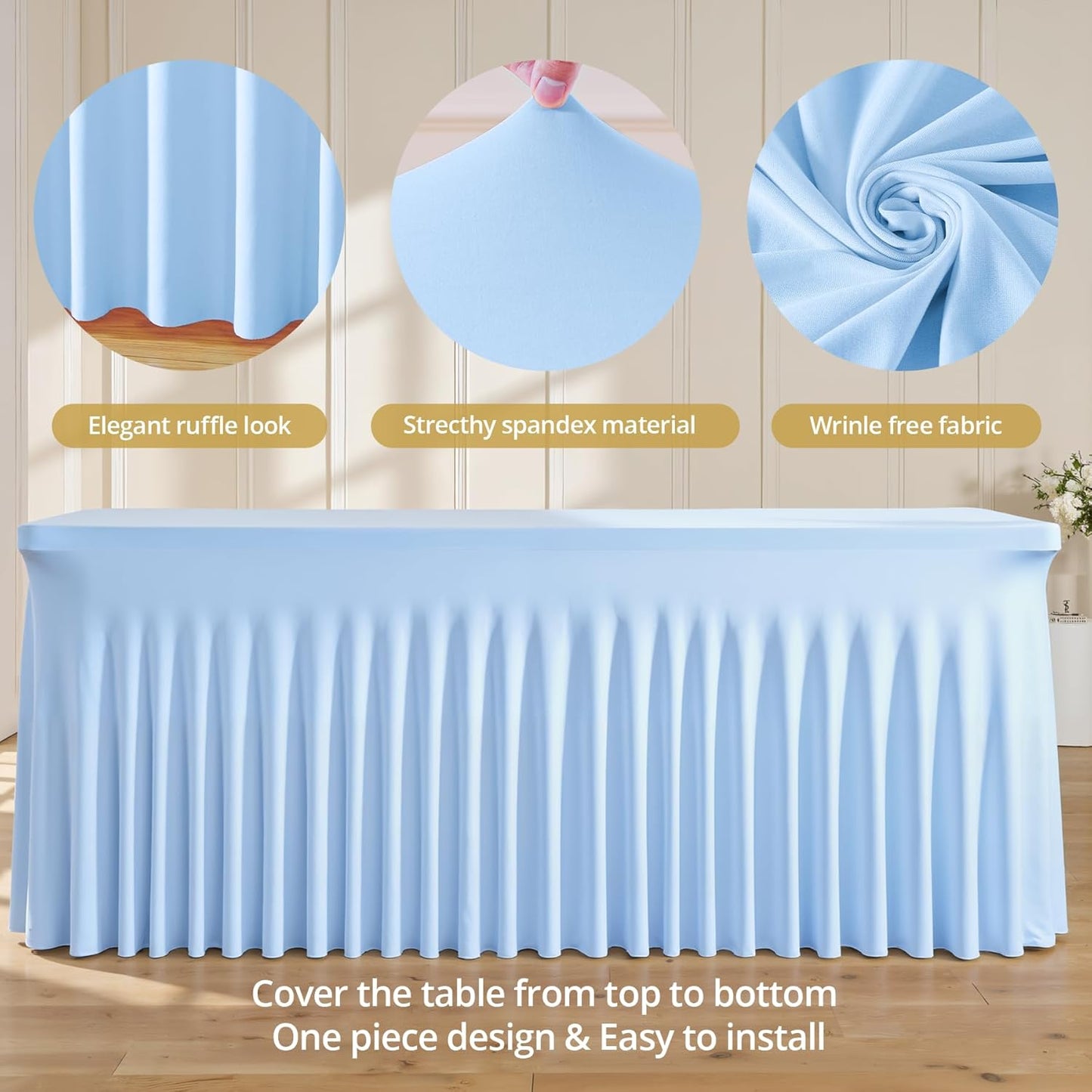 4 Pack 8ft Baby Blue Spandex Table Cloths for Rectangle Tables Wrinkle Free Rectangle Tablecloths, Stretch Fitted Table Cover with Skirt for Baby Shower Boy Birthday Party Wedding Banquet Buffet