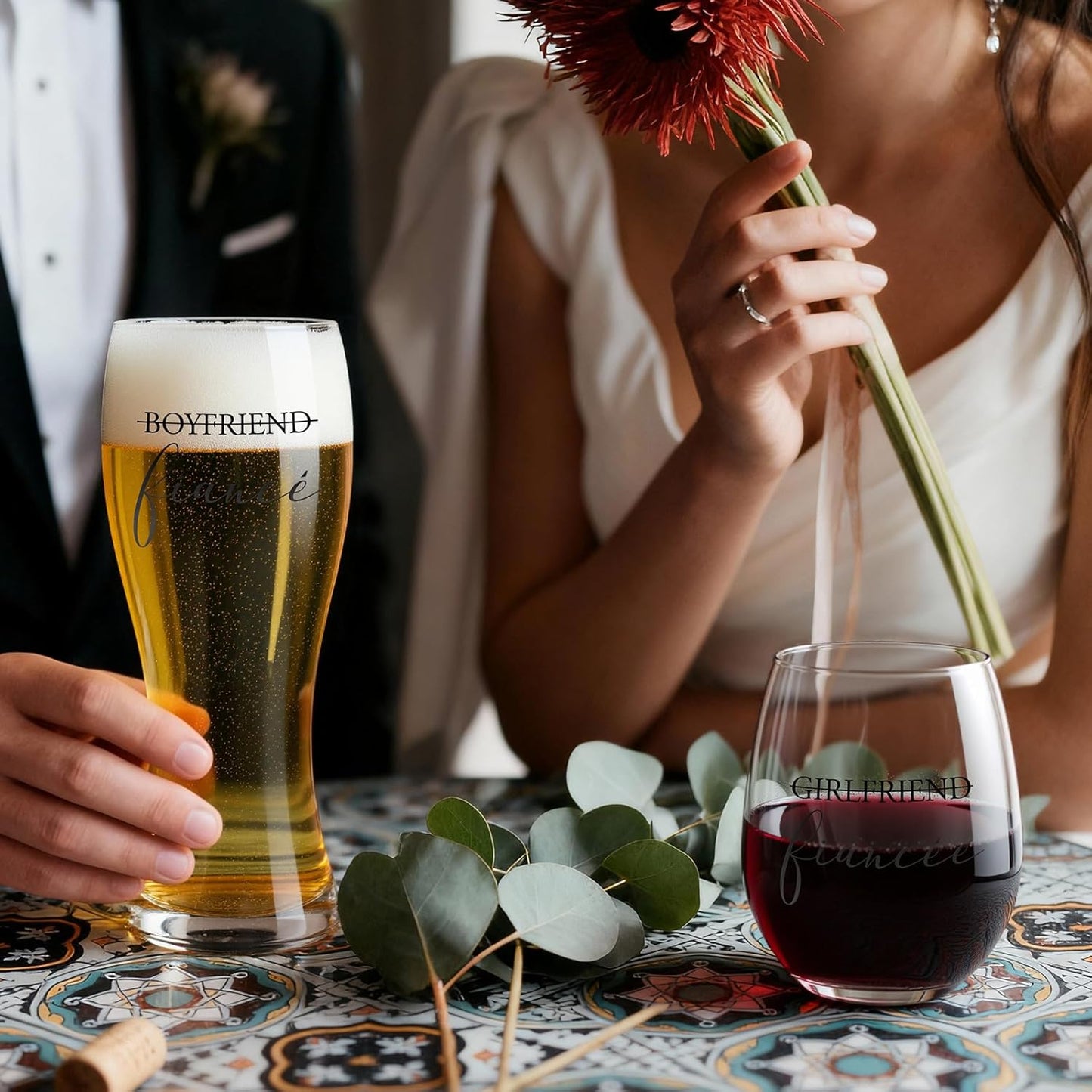 AW BRIDAL Engagement Gifts for Couples and Women, Fiance Wine Glasses and Beer Mug Set for Her, Newly Wed Gift for the Couple 2025, Mr and Mrs Wedding Beer Mug with Wine Stopper for Bride to Be