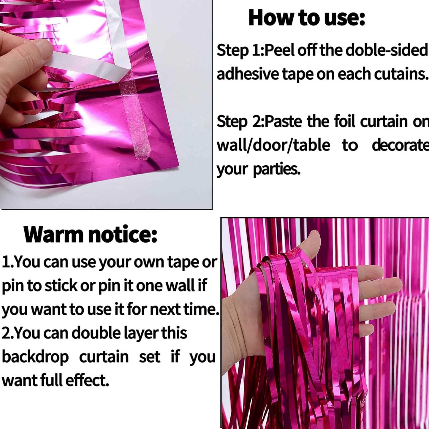 4 Pack Fuchsia Foil Fringe Curtain Backdrop, 3.28Ft x 6.56Ft Metallic Tinsel Foil Fringe Streamers Curtains for Party, Photo Booth Props, Birthday, 2022 Graduation Decoration Supplies, ROSE RED