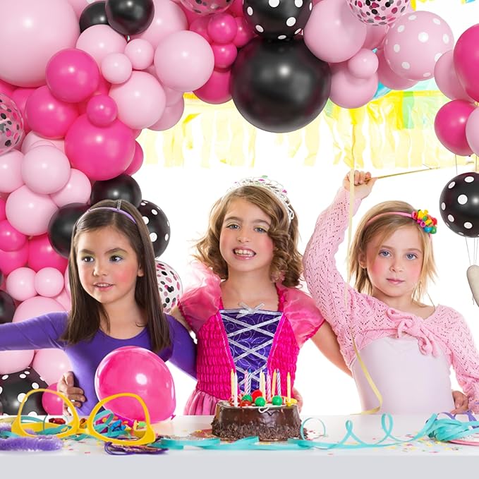 Amandir 153pcs Pink Black Balloon Garland Arch Kit, Different Sizes 18 12 10 5 inch Pink Black Latex Dot Confetti Balloons for Girl Cartoon Mouse Birthday Party Decoration
