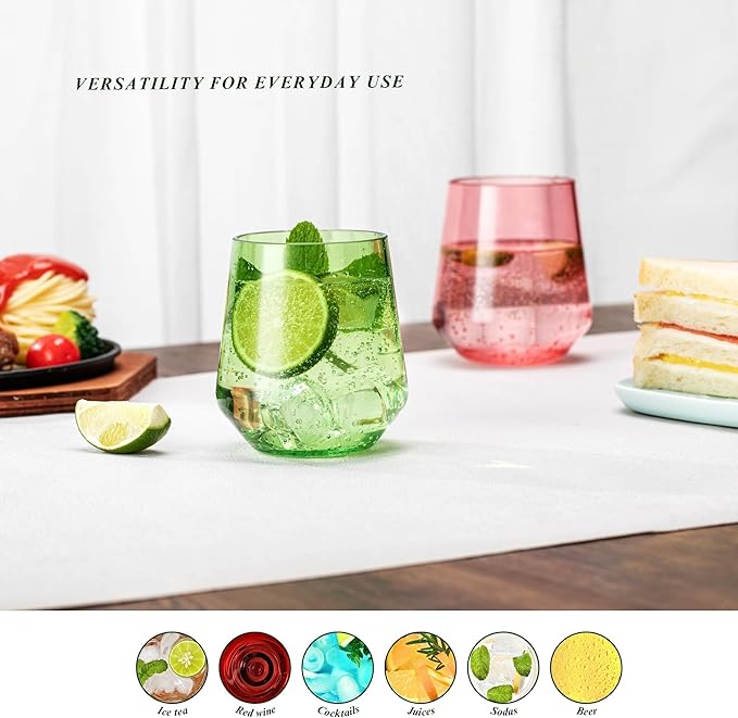 16oz Colorful Stemless Wines Cups (Set of 6), Shatter-Proof Acrylic Glasses Drinkware, Reusable Plastic Bar Glasses, BPA-Free, Dishwasher-Safe