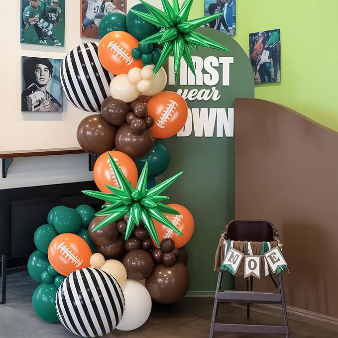 Football Balloon Arch Kit, Dark Green Brown Balloon Garland with Foil Star Striped Balloons for Football Party Decorations Touch Down First Year Down Birthday Tailgate Sport Party Game Day Decorations