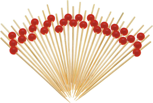 Minisland Red Pearl Cocktail Picks, 4.7 Inch Long Bamboo Fancy Toothpicks for Appetizers, Decorative Valentines Christmas Holiday Party Food Drink Garnish Fruit Kabob Skewer Sticks 100 Counts -MSL155