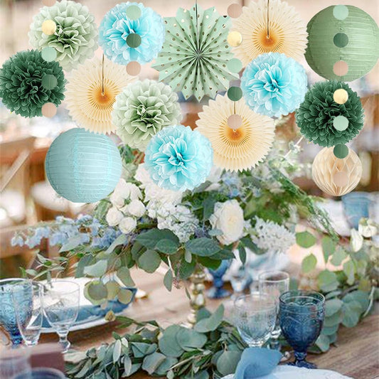 Sage Green and Blue Party Decorations Paper Lanterns Light Blue and Sage Green Baby Shower Decorations Beige Paper Fans Olive Pom Poms for Bridal Shower Wedding Engagement Birthday Bachelorette Party