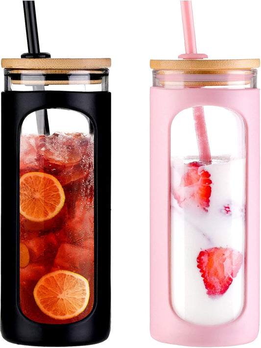 Kodrine 20oz Glass Tumbler with Straw and Lid, Bamboo Lids Water Bottle, Reusable Iced Coffee Cups, Wide Mouth Smoothie Cup with Protective Silicone Sleeve BPA FREE-Black+Pink-2pack