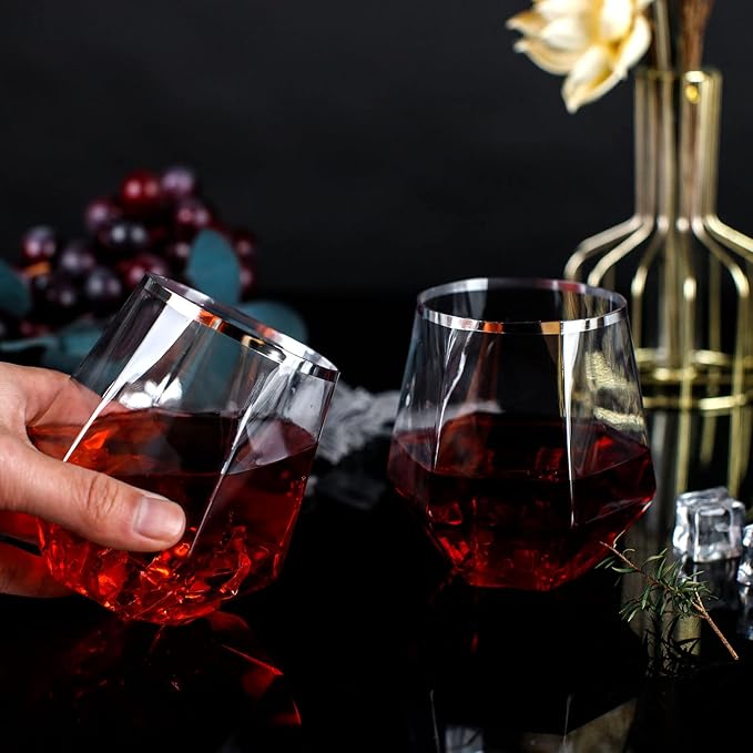 LUODA 32 Pack Silver Plastic Wine Glasses,12 Oz Disposable Whiskey Glasses, Silver Stemless Diamond Shaped Wine Glasses For Serving Wine, Cocktail, Whiskey,Wedding