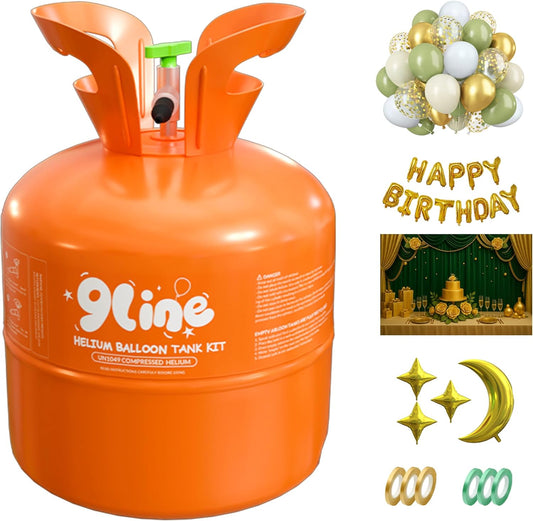 Helium Tank For Balloons At Home,13L Helium Balloon Pump Kit With 50 12-Inch Avocado Green Latex Balloons, 17 Foil Balloons, 1 5.9X3.6Ft Backdrop, 8 Accessory Tools