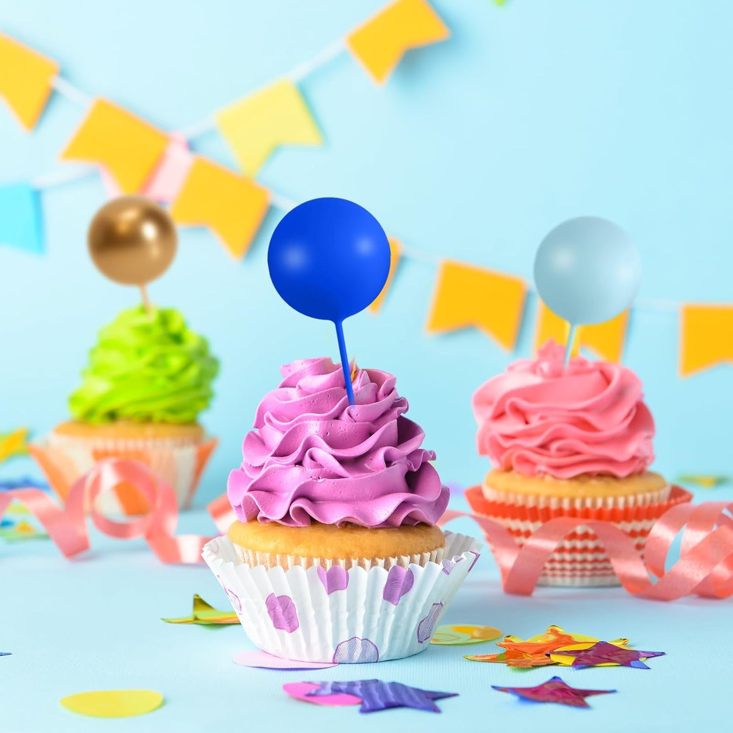 75 Pieces Cake Balls Topper Decorations Foam Cupcake Topper Mini Balloon Cake Topper Balls Cake Picks for Cake Deco Birthday Party Wedding（Dark Blue,Blue, Gold, White）