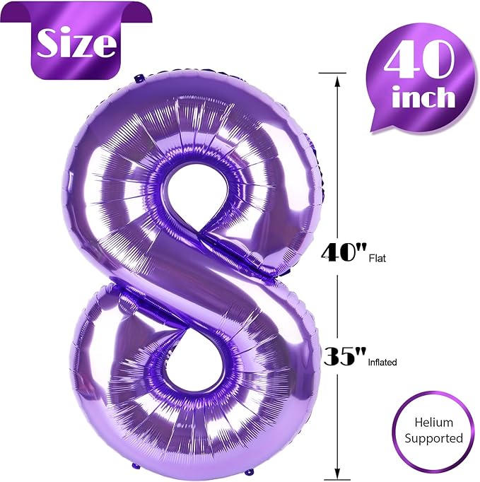 Purple Number 8 Balloon 40 Inch, 8th Birthday Party Decorations for Children, Giant 8 Foil Balloon for Party Supplies