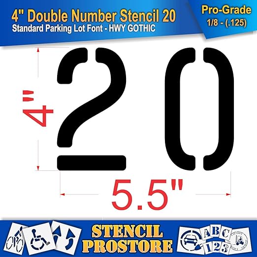 Pavement, Curb, and WheelStop Stencils - 4 inch Double Number Stencil - (20) - 4" x 5.5" x 1/8" (128 mil) - Pro-Grade