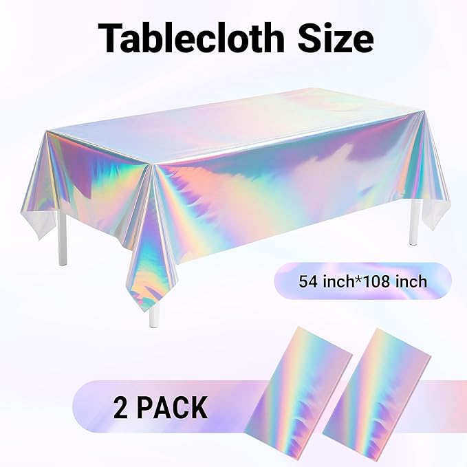 2 Pack Iridescent Tablecloth, 54" x 108" Birthday Party Table Cloths Iridescence Plastic Disposable Table Covers Iridescent Party Decorations, Birthday Decor Tablecloth for Buffet Table