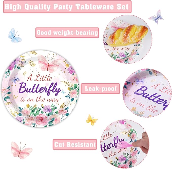 96Pcs Butterfly Baby Shower Party Supplies A Little Butterfly is On The Way Paper Plates Napkins Baby Girl Party Decorations Pink Floral Princess Girl Dinnerware Favor Tableware Serves 24