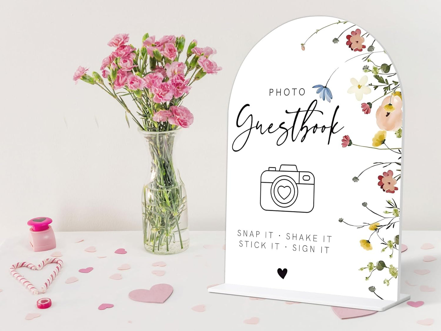 Photo Guest Book Sign, Wedding Guest Book Alternative, Flower Style Bridal Shower Signs for Engagement, Bridal Shower and Reception, Wedding Shower Favors, 6X8 Inch Acrylic Arch Sign with Stand,38