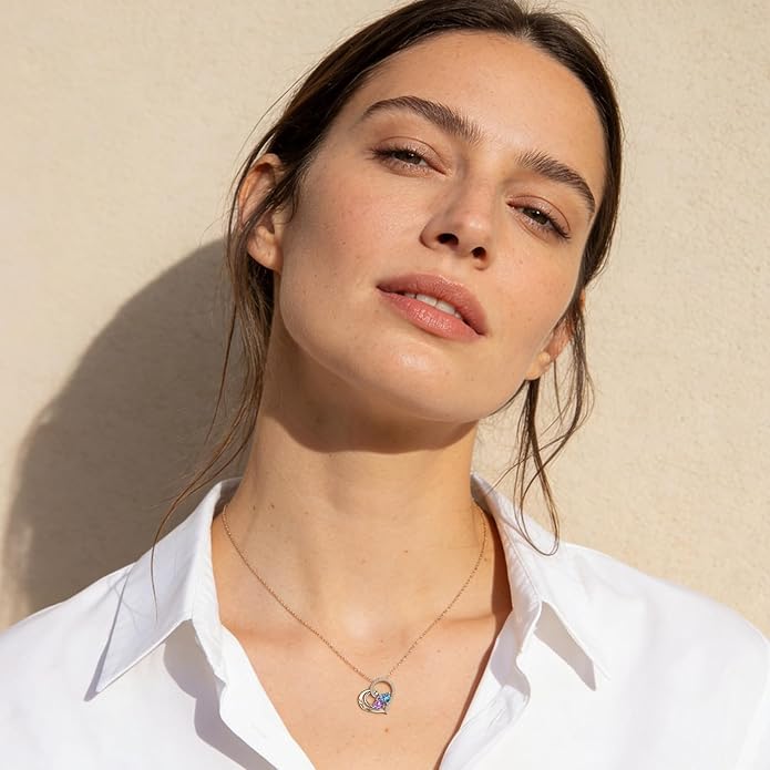 Double Birthstone Heart Necklace 0.8CT Dual-Gemstone S925 Sterling Silver Plated White Gold Engraved I Love You Perfect Anniversary/Valentine's Day Gift for Wife/Girlfriend/Mom/Daughter