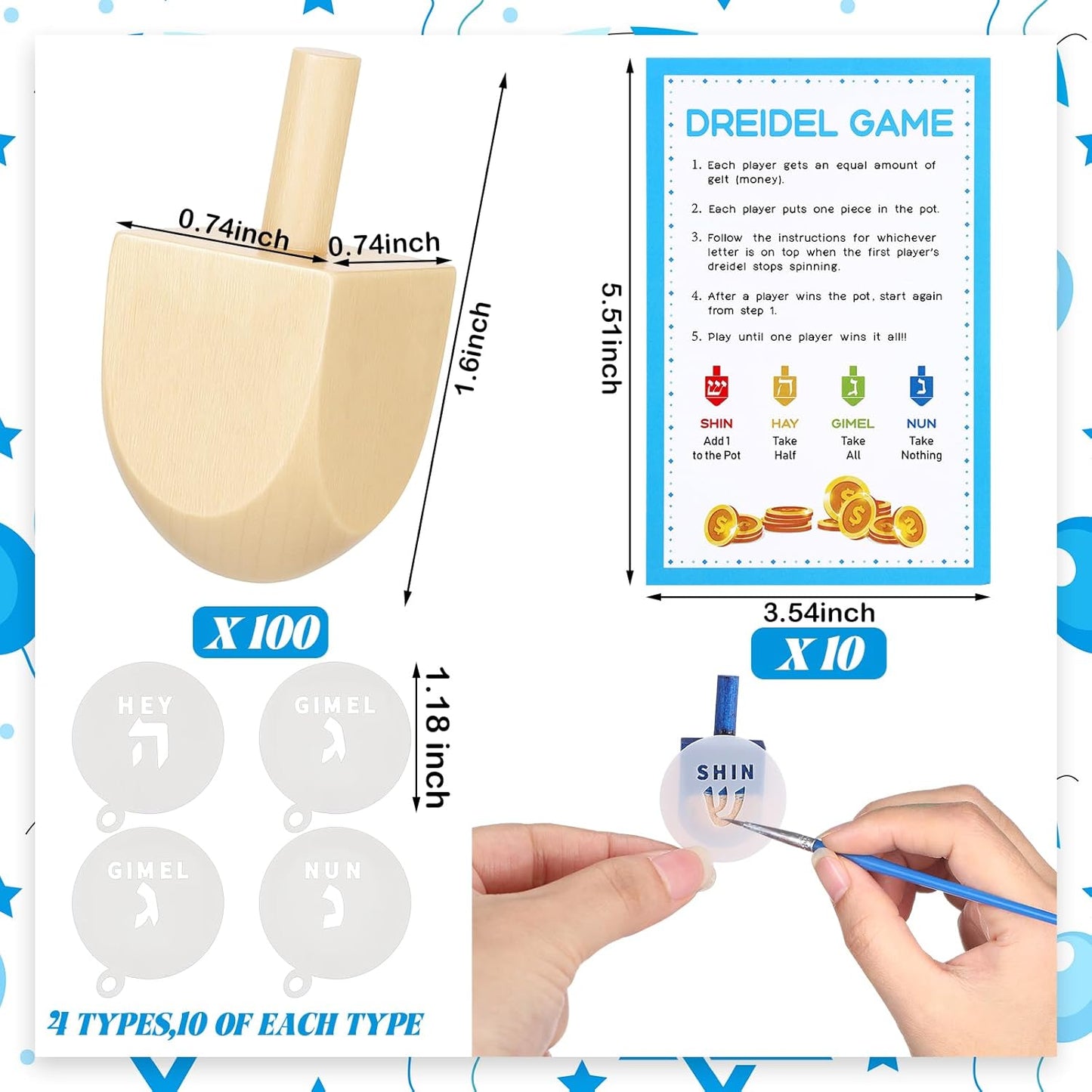 Wettarn 100 Pieces Hanukkah Dreidels Bulk Wooden Hanukkah Dreidels with Game Instruction Cards for Party Game(Size 1,DIY Style)