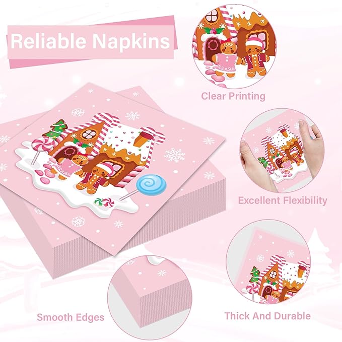OBUSATT 96Pcs Christmas Gingerbread Paper Plates and Napkin Christmas Party Supplies Pink Gingerbread House Tableware Dinnerware Set for Xmas Winter Holiday Seasonal Table Party Decoration Serve 24