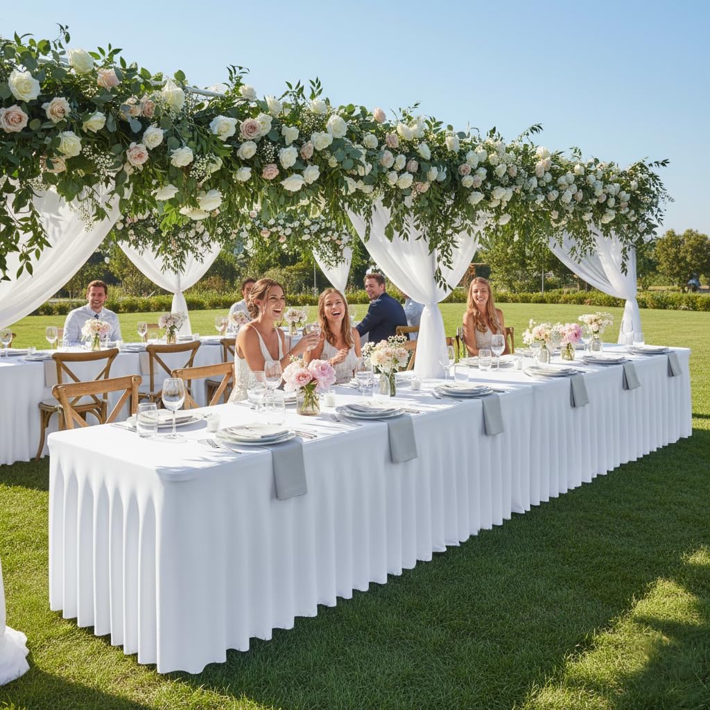 HolidayIdeas White 8ft Spandex Wedding Tablecloth Fitted Stretch Table Skirts 30x96 Inch, Wrinkle-Free Floor Length Polyester Table Cover for Birthday Parties Engagement, Banquets, Events,4 Pack