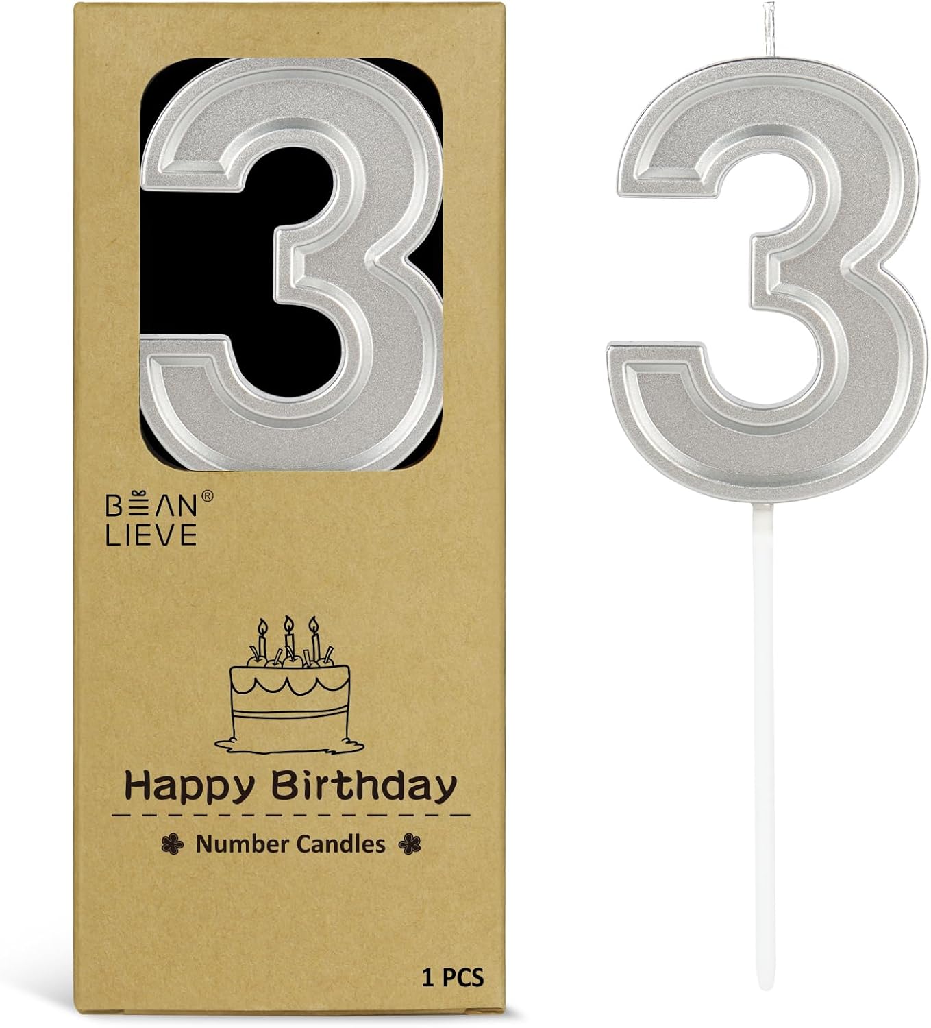 BEAN LIEVE Silver Birthday Candles Number 3, Silver Number Candles, Cake Number Candles for Birthday Parties and Wedding Anniversary Celebrations