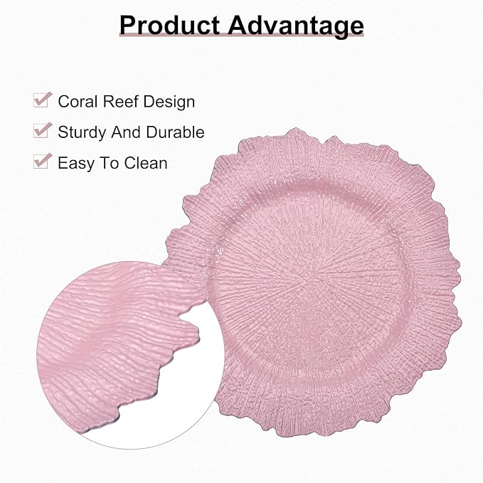 uxcell 10pcs Reef Charger Plates Bulk, 13 Inch Plastic Floral Charger Plates, Round Plate Chargers for Dinner Wedding Party Event Table Setting Decoration Pink