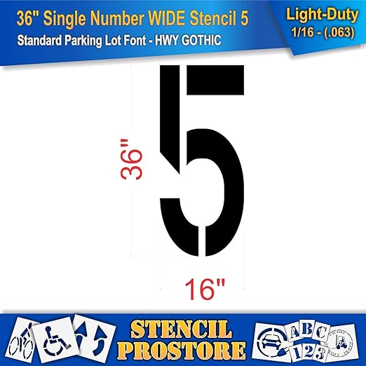 Pavement Stencils - 36 inch Single Number Stencil (Wide) - 5-36" x 16" x 1/16" (63 mil) - Light-Duty