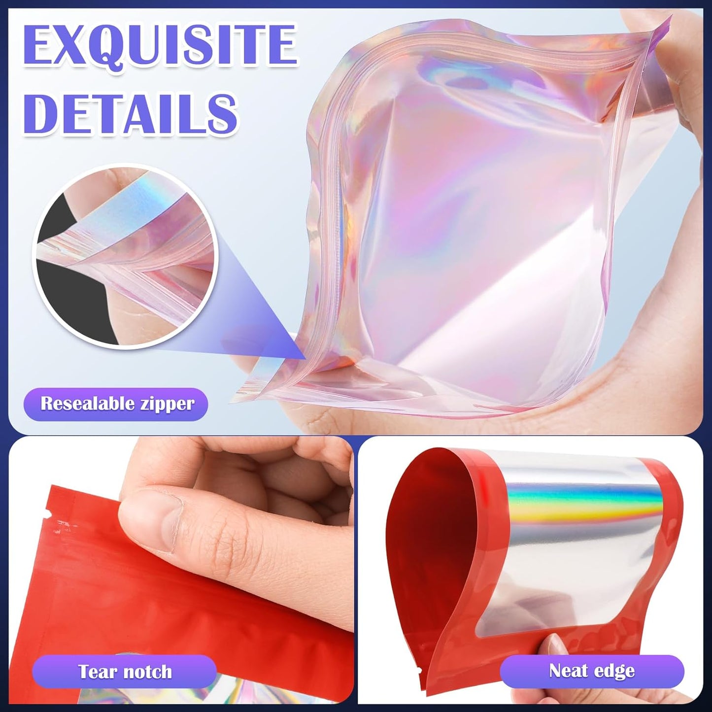300 Pcs Mylar Bags, Smell Proof Bags Foil Pouch, Holographic Resealable Bags for Small Business, Candy Sample Jewelry Bag Sealable Packaging for Party Favor Food Storage (2.8x3.9in-Red)