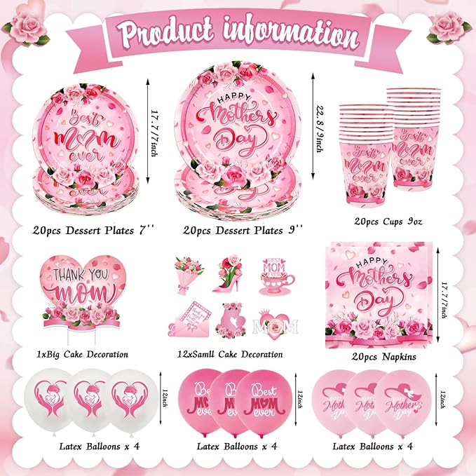 Mother's Day Plates and Napkins Set Pink Floral Happy Mothers Day Cake Topper Including Banner Cups Balloons for Best Mom Day Party Supplies