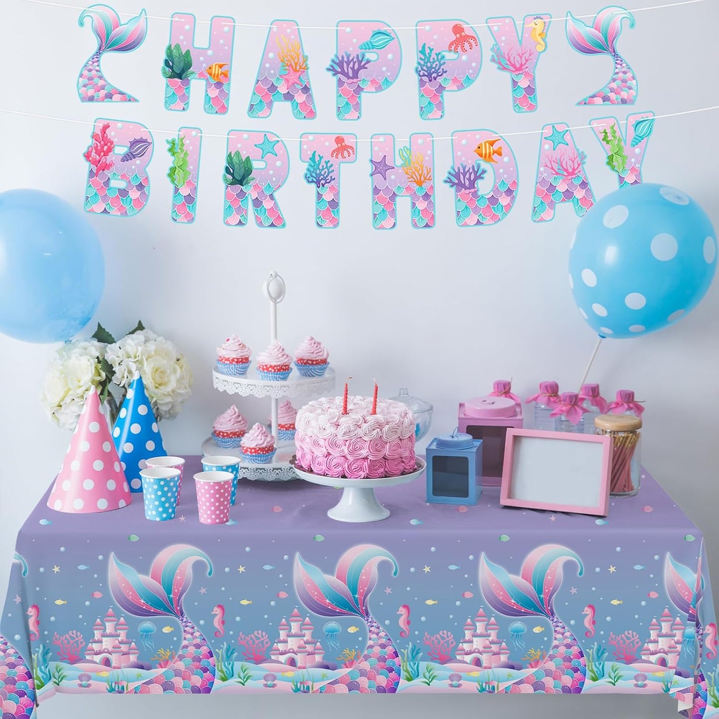 Gatherfun Mermaid Party Supplies Set: Mermaid Birthday Decorations, Includes 2-Pack Mermaid-Themed Tablecloths for Kids & Girls 1st Birthday, Mermaid Party Decorations Table Covers 54 x 108 Inch