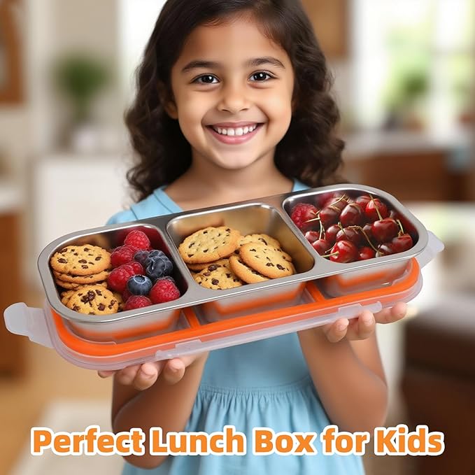Stainless Steel Snack Containers with Lids, Reusable Condiment Storage Box, Divided Food Storage for School, Home, Travel, Multiple Compartment Leak-Proof Box (‎3 Compartment)