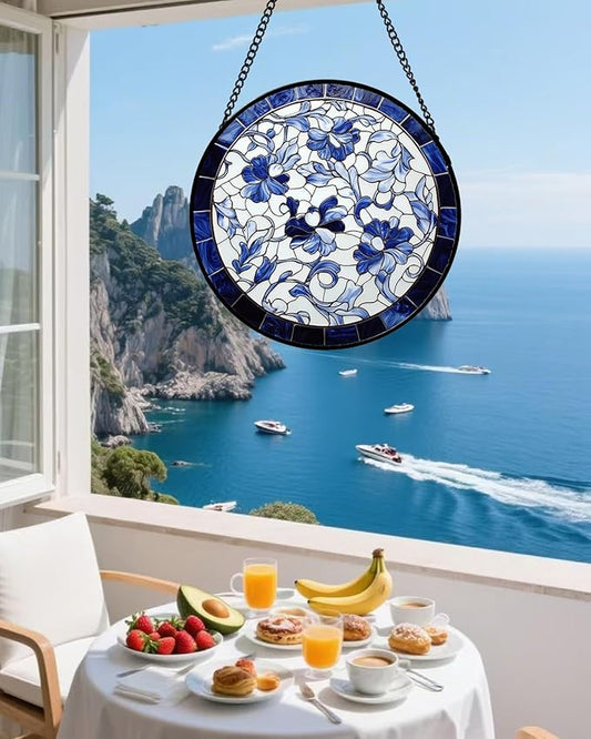 Stained Glass Window Hanging, Blue and White Abstract Flowers Sun Catcher for Door Home Decor Suncatcher Christmas Mother's Day Birthday Gifts for Women Men Mom and Nana 7.8 in