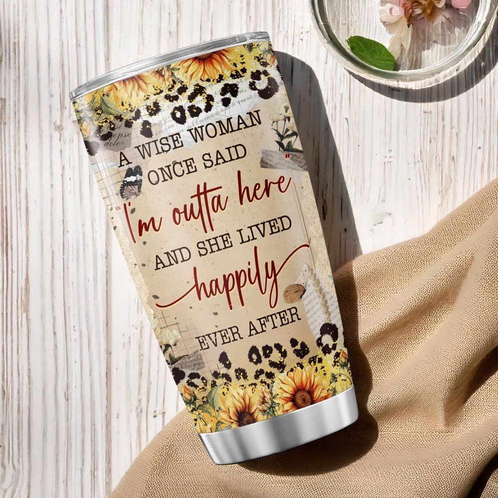 Retirement Gifts for Women 2025, A Wise Woman Once Said I'm Outta Here Cup, 20oz Stainless Steel Tumbler with Floral Wine Design, Funny Goodbye Gift for Coworkers, Friends, Sisters