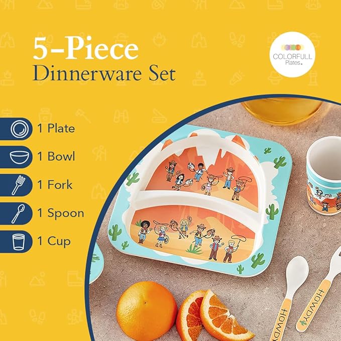 Western Cowboys Themed Kids Dinnerware - 5 Piece Set, Bamboo Fiber Plate, Bowl & Cup, Toddler Safe Utensils