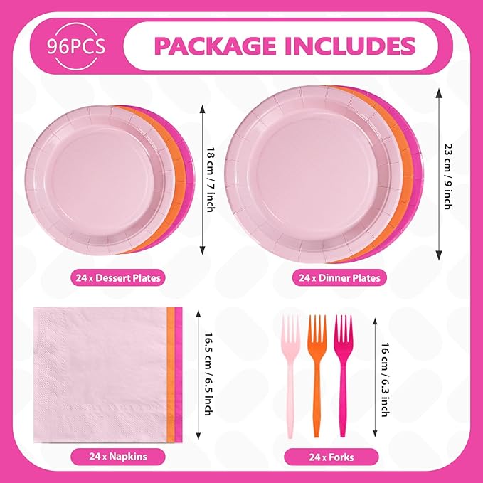 Grencian Pink and Orange Party Decorations Supplies - 96Pcs Solid Color Paper Plates and Napkins Neon Disposable Hot Pink Orange Tableware Sets for Sunset Theme Birthday Party Decorations Serves 24